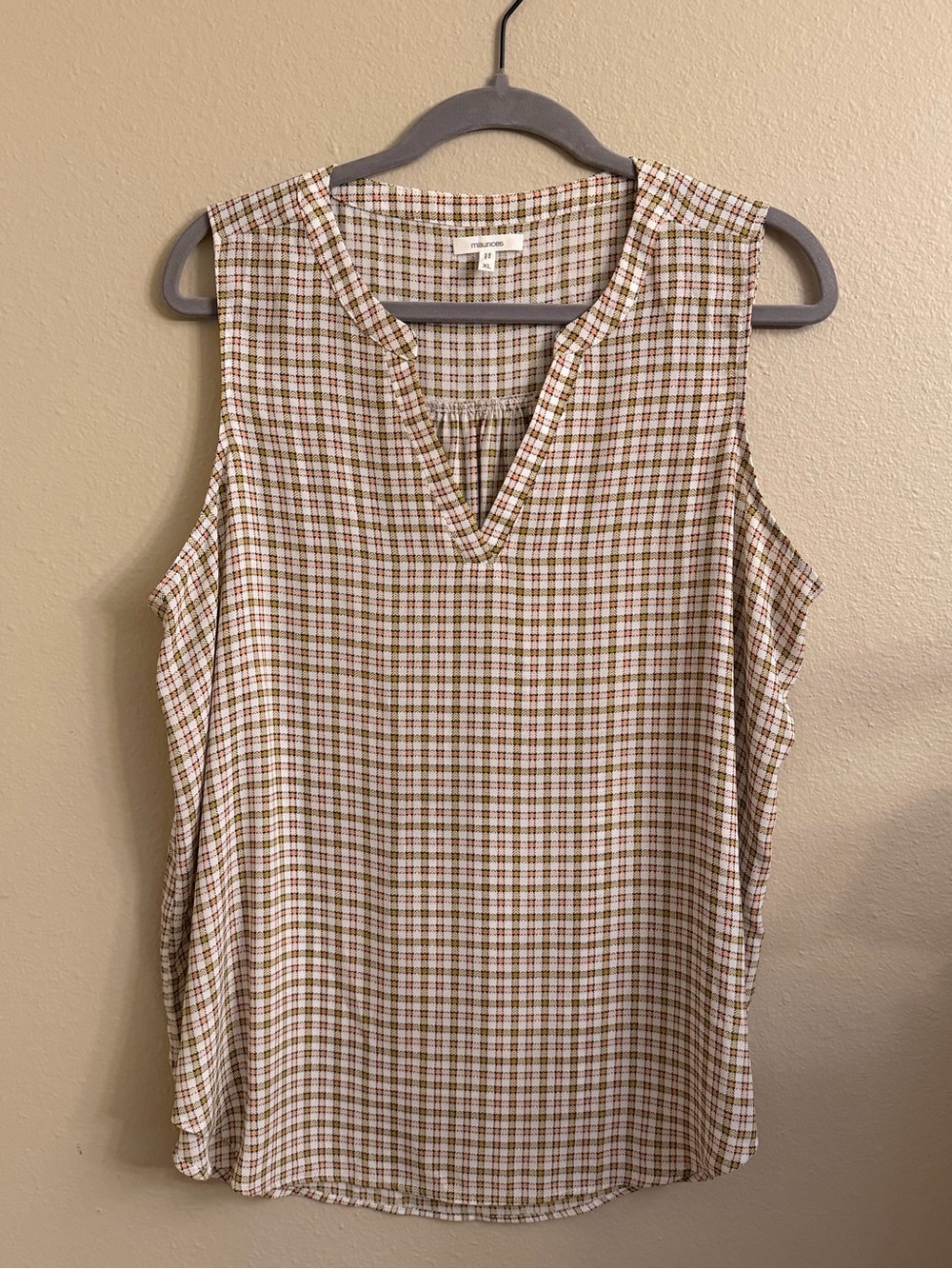 Maurices Sleeveless Plaid V-Neck Top in Brown and Green